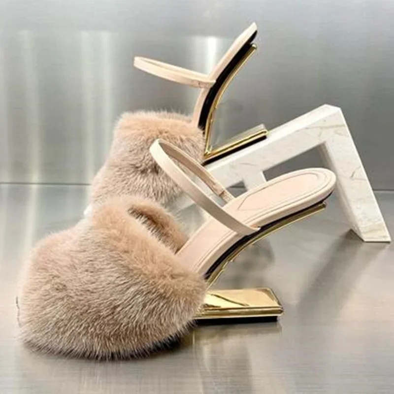 Purple Sheep Fur Slippers Open Toe Strange Style Slip On Hot Sale Shoes Luxury Fashion High Heel Runway Summer Women Sandals