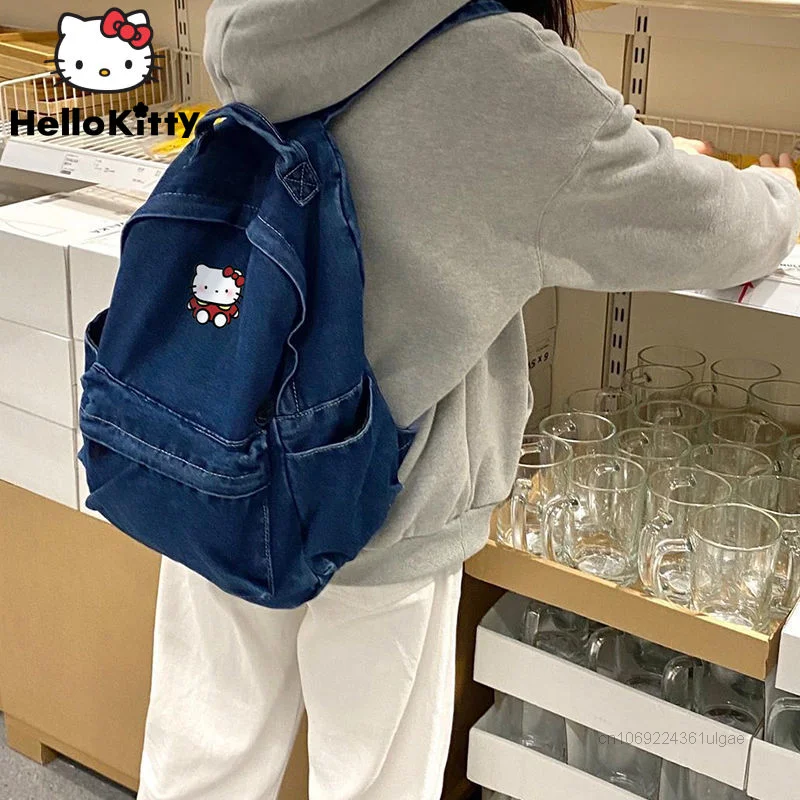 Sanrio Hello Kitty Bags Denim Canvas Backpack Y2k Student Large Capacity Korean Fashion Shoulder School Bag Women Cute Backpacks