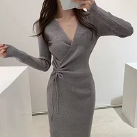 Chic V-ne Knitted Wrap Waist Slimming Mid-length A-line Dr Women's Sweater Dr Korean Sle High Waist Long Sve - Image 4