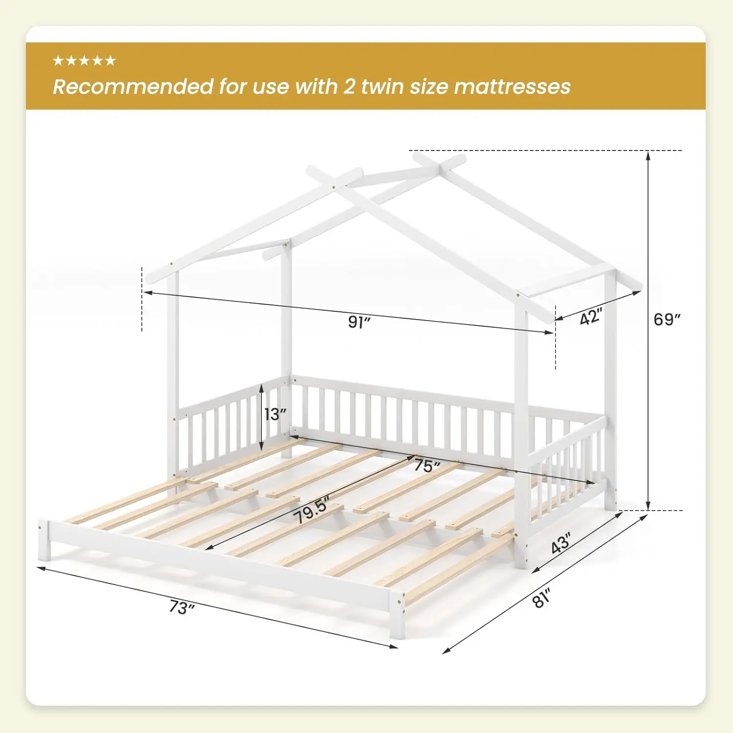 Giantex Wood House Bed For Kids, Twin To King Extendable Daybed With Roof & Fence Rails, Kids Bed For Teens, Boys & Girls, Twin