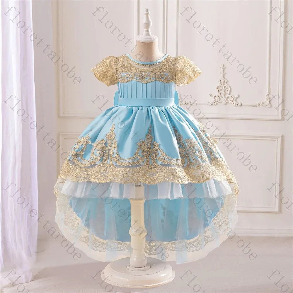 Customized Lace Flower Girl Dress with High Low Tulle Skirt Short Puff Sleeves Round Neck Embroidered Bodice Wedding Party Gown