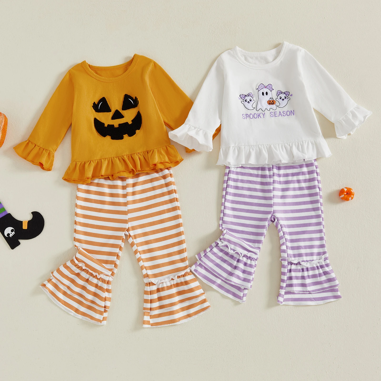 FOCUSNORM 2 ألوان الرضع طفل الفتيات هالوين الملابس مجموعة شبح التطريز كم طويل البلوز القمم مع مخطط مضيئة السراويل #2