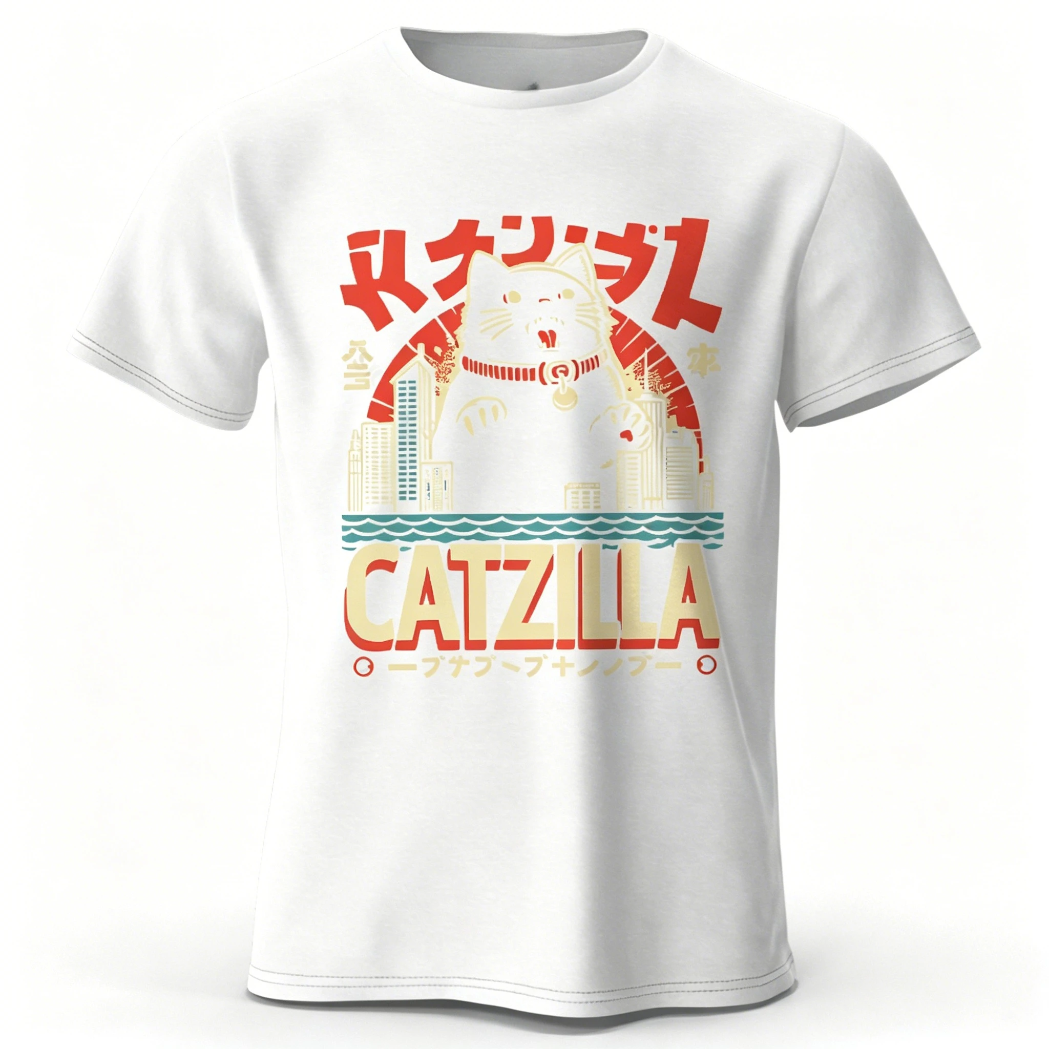 2026 Vintage Catzilla Cat Monster Graphic T Shirt Unisex Men Women Retro Japanese City Sunset Art Cotton Short Sleeve Tee