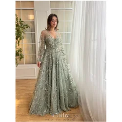 Cathy Customized Green Sequin Appliques A-line Wedding Dress V Neck Long Sleeves vestidos de noiva Floor-length Evening Dresses