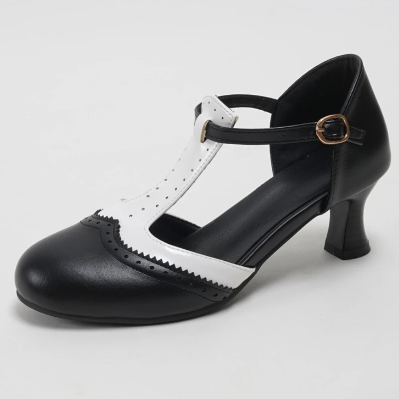 2026 Big Size 48 Women's Kitten Heels T-Strap Sandals Summer Vintage Retro Pink Round Toe Daily Wear Sandals Footwear Shoes