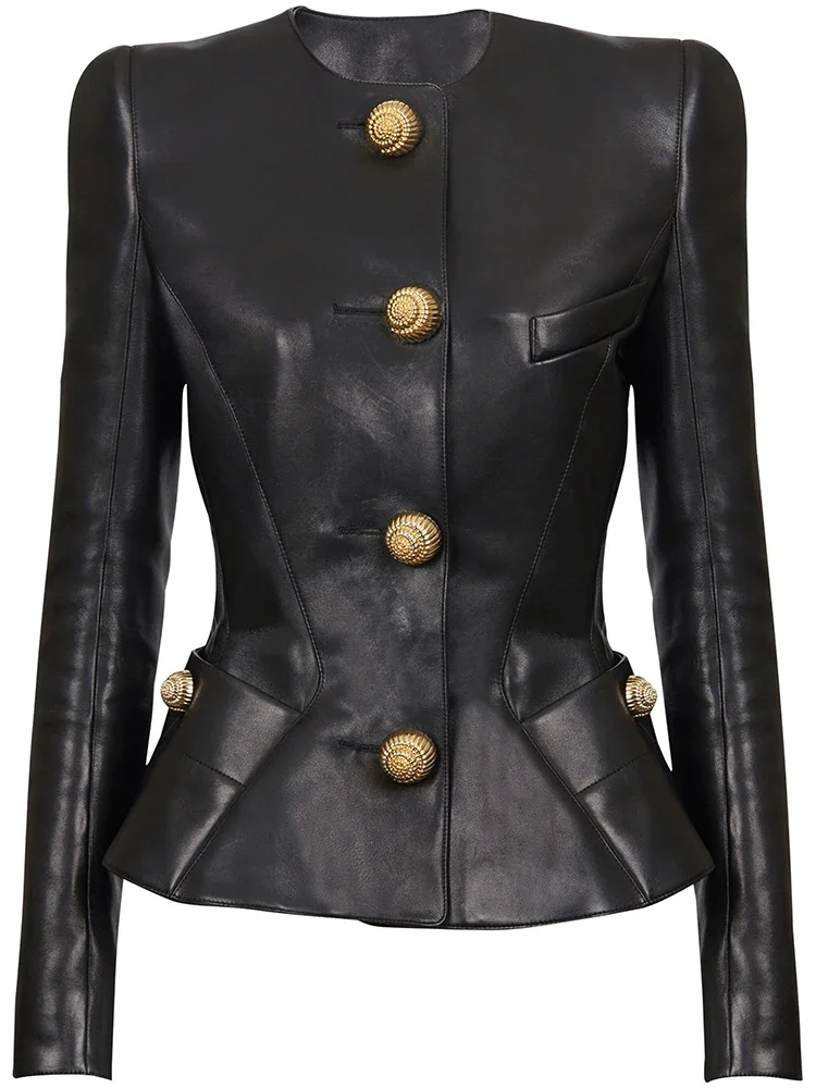 HIGH STREET Newest 2025 Designer Jacket Women's Slim Fitting Snail Button Artificial Leather Blazer