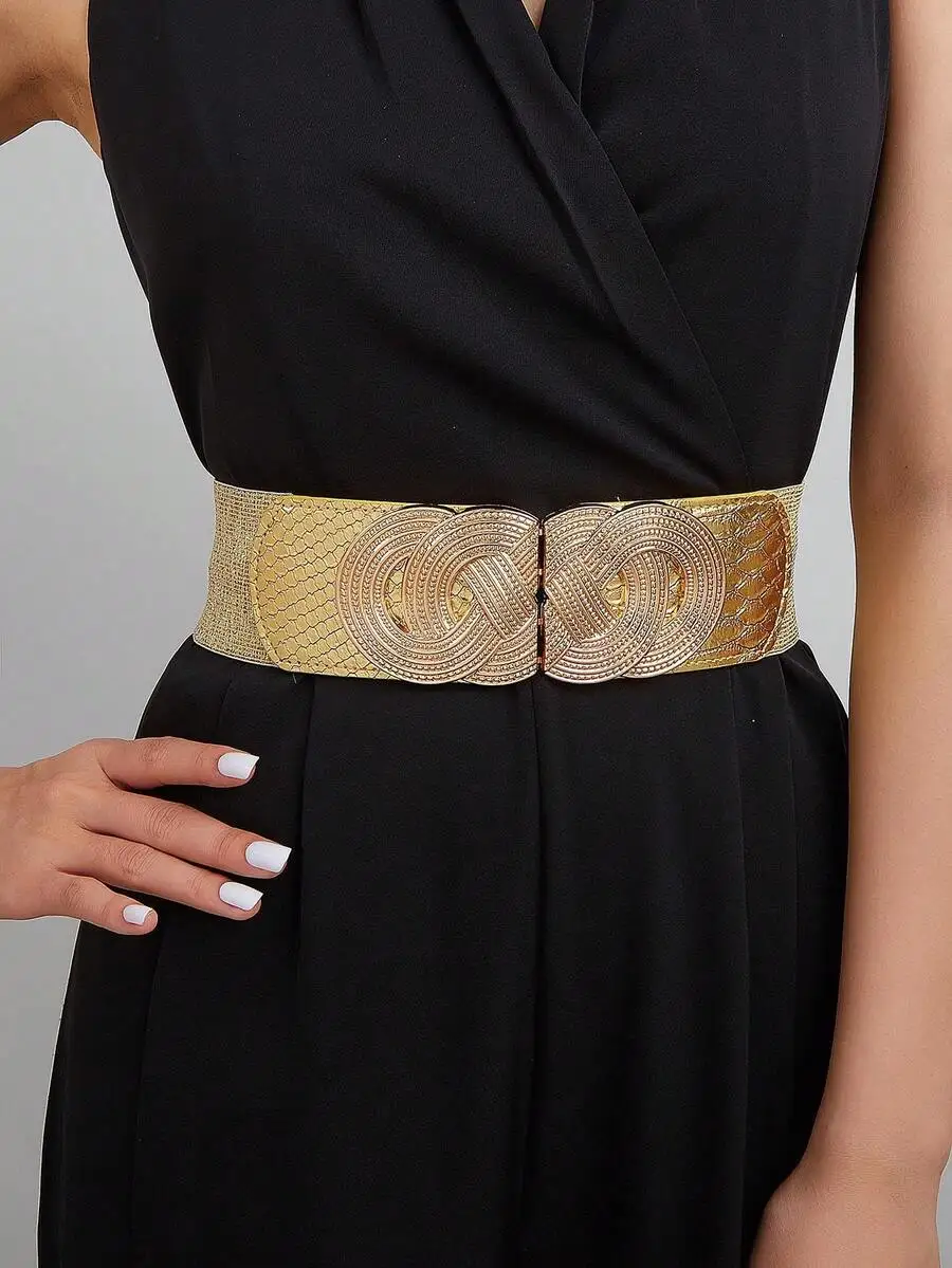 1pc Women Threaded Buckle Gold Elastic Waist Belt Halloween