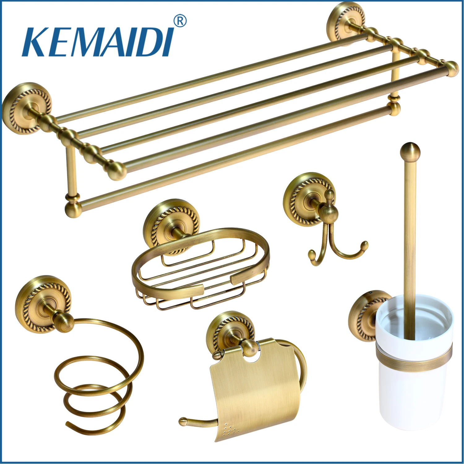 Kemaidi-cesta de banheiro para banheiro, acessórios de bronze antigo, suporte de papel, escova, banheiro, pia, sabão, prancha de robe, secador de cabelo