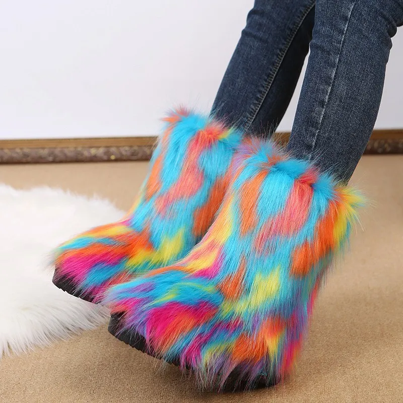 Women's Winter Fashionable Colored Plush Snow Boots Fox Fur Long Hair Warm Comfortable Cotton Flat Anti Slip Shoes view 2