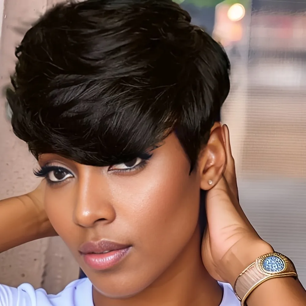 

6Inch 150% Density Basic Style for Daily machine made Women'S Chic Retro short straight Pixie Cut human hair Wig