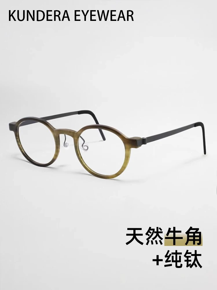 Vintage cow horn eyeglasses men's myopia can be equipped with degrees of pure titanium oval eyeglasses frame female