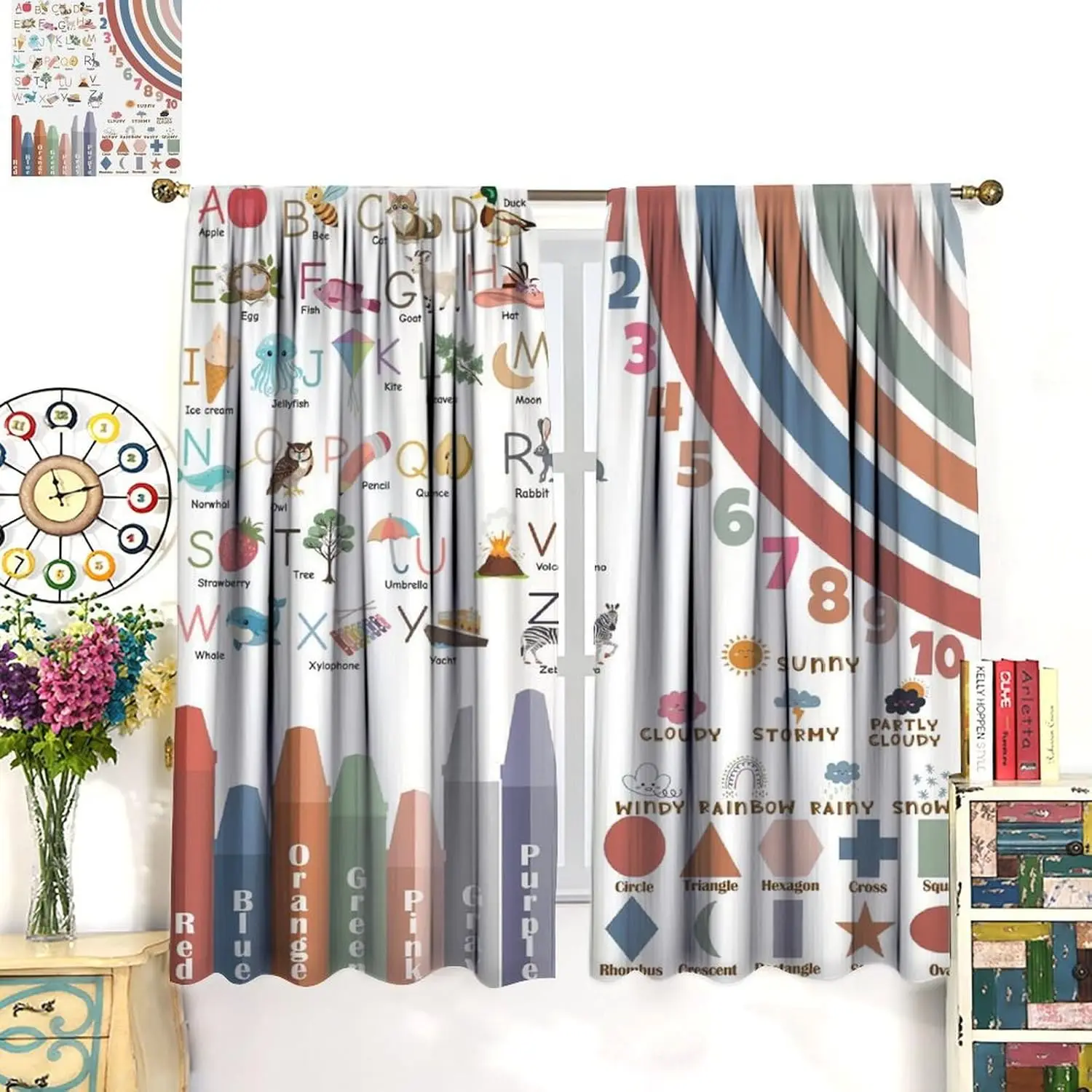 Alphabet ABC Curtains for Kids,Cartoon Colorful Rainbow Educational Learning Print Drapes Bedroom Living Room Nursery Classroom