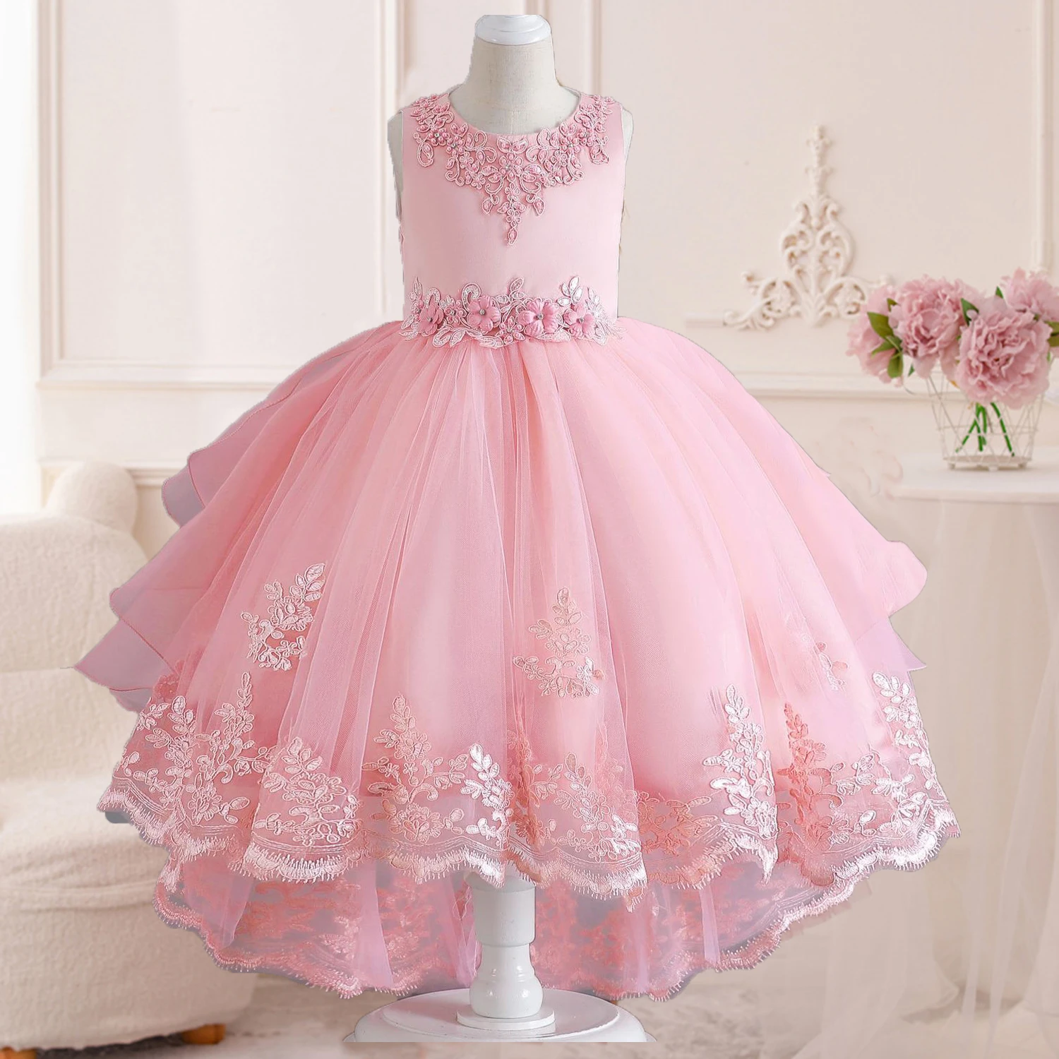 Little Girls Lace Embroidered Flower Girl Dress Birthday Party Pageant Hi-Lo Gown AT122