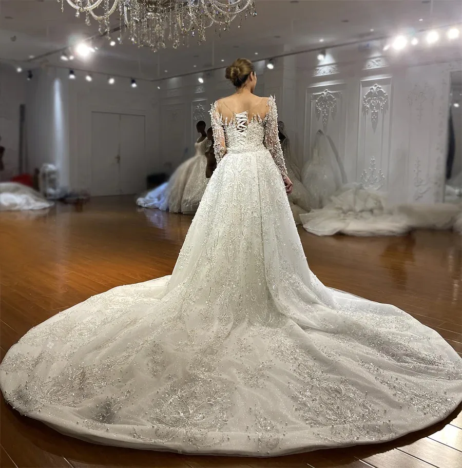 Customized 2026 New Luxury Mermaid Wedding Dress Long Sleeve Satin Pearl Embroidery Decoration Detachable Tail Vestido De Noiva