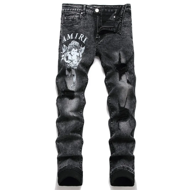 Slim-fit Elastic Fried Sand Angel Cotton Elastic Black Leather Label Hole Printing Fashion Men's Niche Jeans