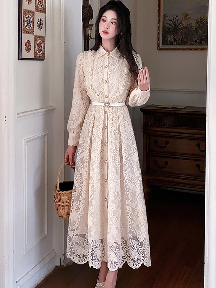 Herbst Spitze Stickerei Langarm Polo Kragen Hemd Kleid Frauen Elegante Verband Kleid 2025, Koreanische Vintage Luxus Abendkleid