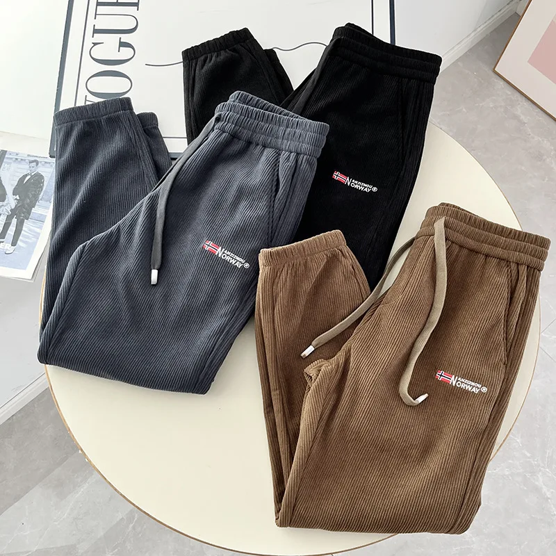 

Thiened Fce Men's Embroidered Letter Winter Corduroy Casual Pants Cuffed Faionable Long Trousers Warm Lo Heat