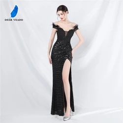 DEERVEADO Women's Off Shoulder Evening Dress with Feathers Sexy Slit Party Dresses for Special Events Formal Occasion Dress