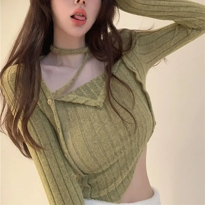 Summer Women's Knitted Sweater Irregular Design Fake Two Pieces Hanging Neck Top Street Style Simple and Elegant for Girl