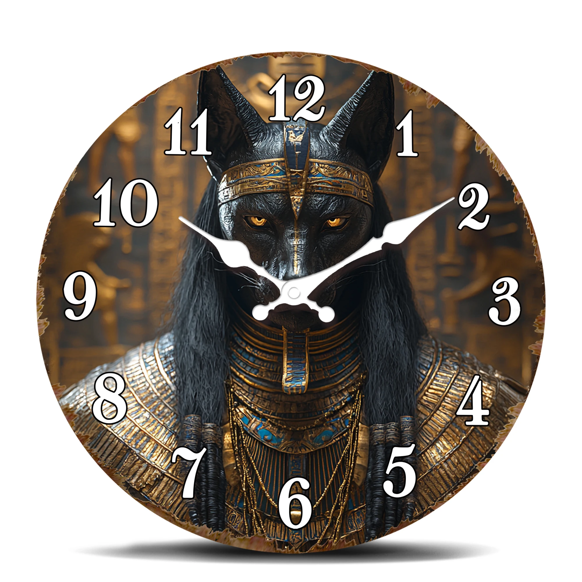 Ancient Egyptian-Inspired Wall Clock Featuring Anubis God Design with Gold Accents for Thematic Home or Office Decor