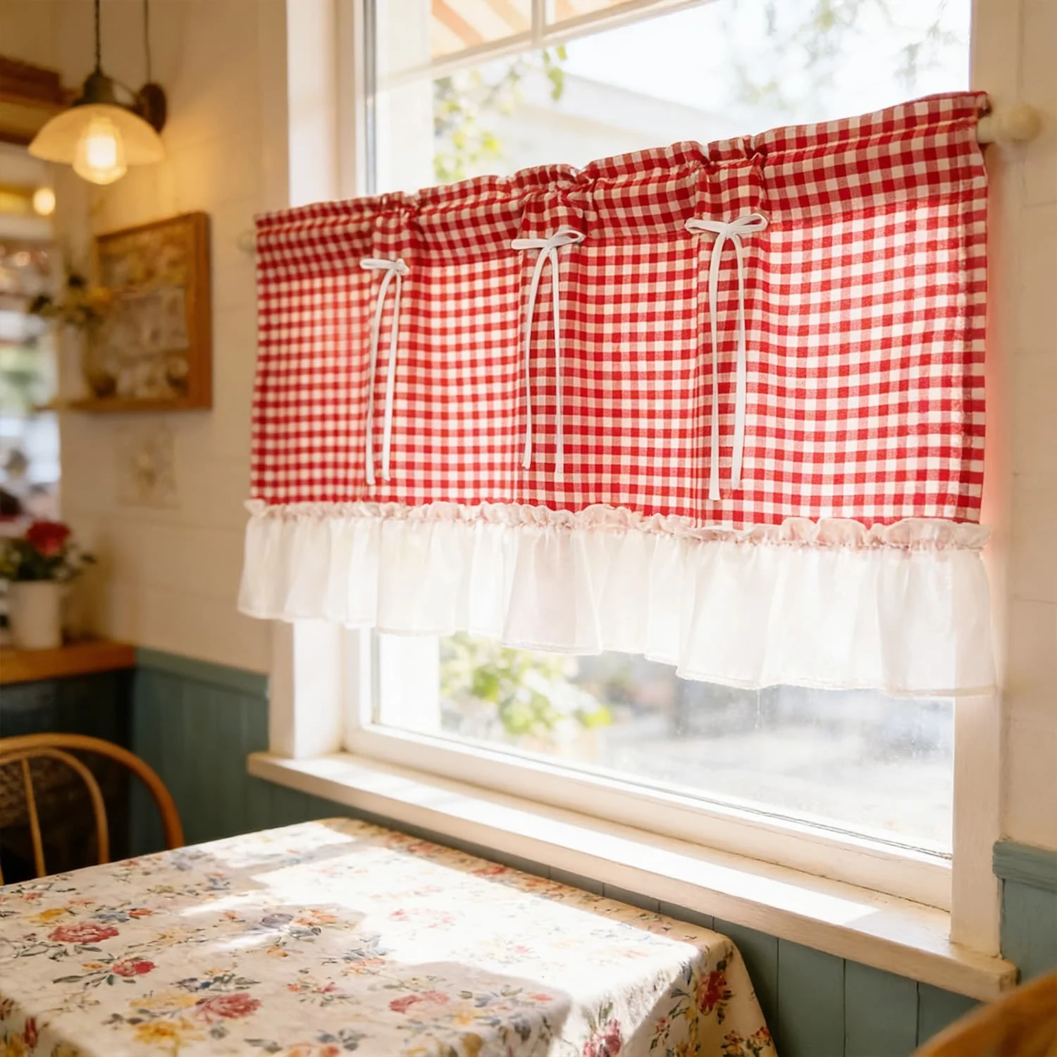 

Country Pastoral Short Curtain, Plaid Faux Linen Sheer with Ruffle Trim, Vintage Farmhouse Curtain for Kitchen, Cafe Curtain