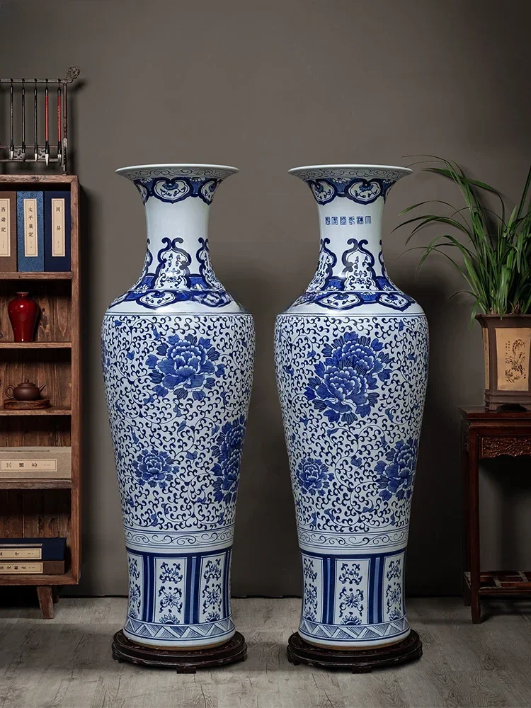 Jingdezhen Ceramic Floor Vase Chinese Hand-Painted Blue and White Porcelain Decoration Company Opening Large Porcelain Bottle