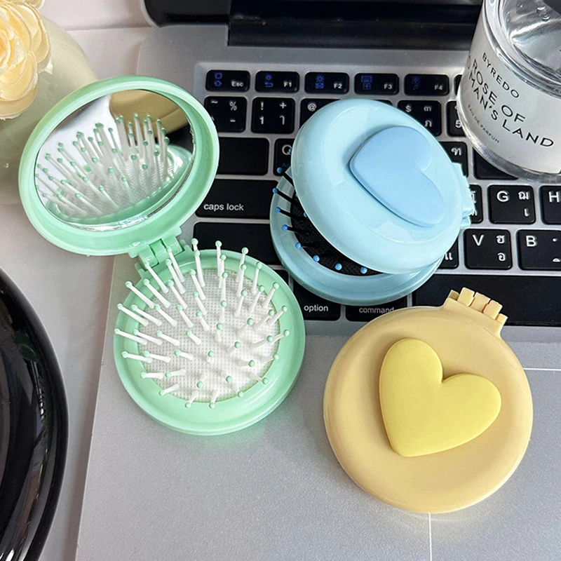 Heart Comb 2 In 1 Mini Portable Folding Comb Mirror Cute Air Cushion Bling Cosmetic Travel Pocket Hair Brush Makeup Tool Gift