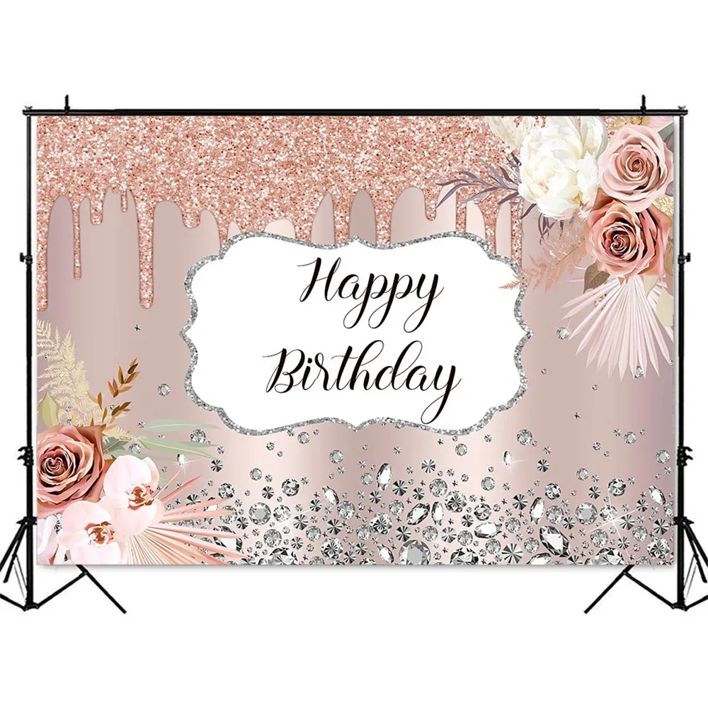 Pink Rose Glitter Birthday Party Background Sliver Shining Diamonds Photo Booth Backdrop Happy Birthday Party Photocall Props