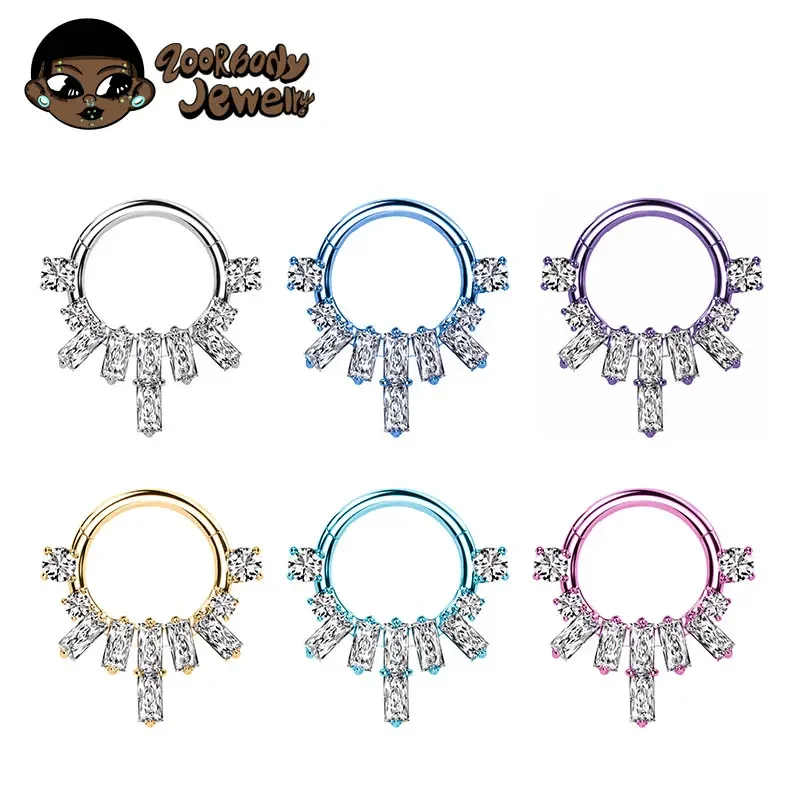 

G23 Titanium Baguette Fan Zirconia Nose Ring Piercing 16G Hinged Clicker Septum Princess Cut CZ Helix Anodized Earrings