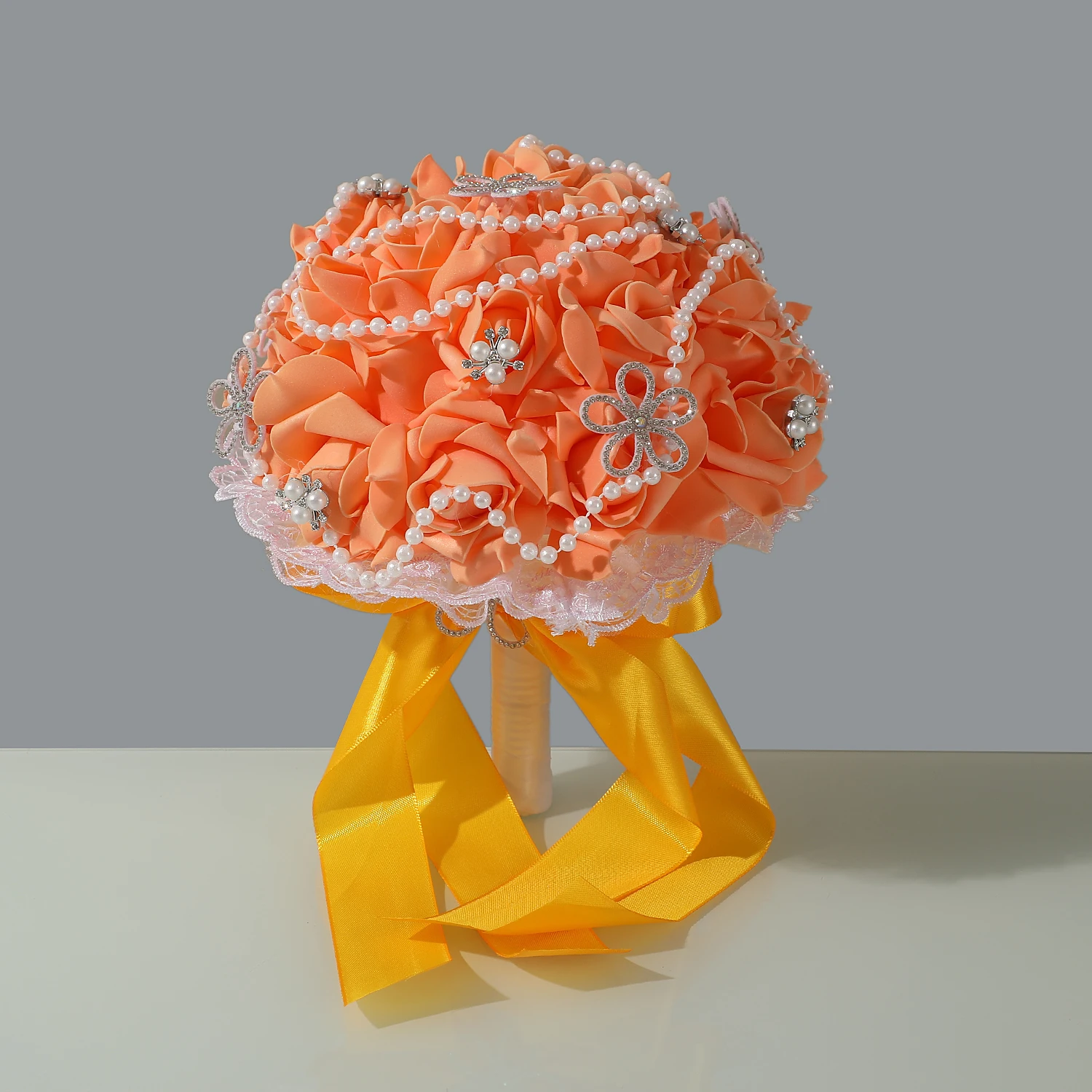 Orange Foam Rose Bridal Bouquet Pearl Rhinestone Flower Decor White Lace Orange Satin Ribbon Wedding Hand Flower Photo Prop