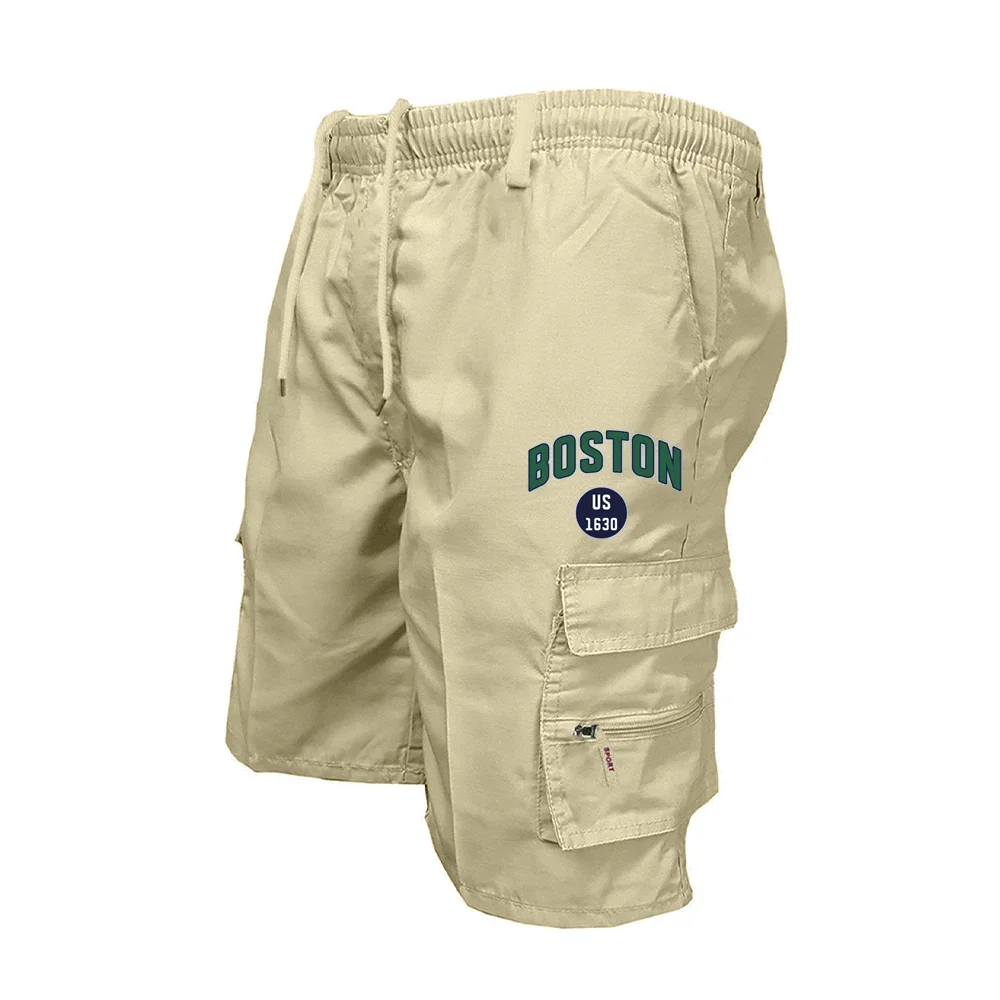 Men's Cargo Shorts Elastic Drawstring Waist Multi Pocket BOSTON US 1630 Print Casual Summer Outdoor Beach Short Pants
