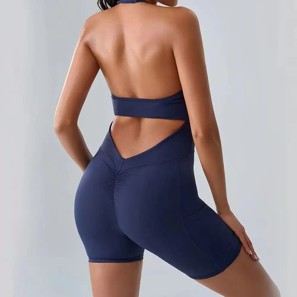 New Style Seamless Yoga Sport Fitness Pockets Sexy Women Scrunch Training  For Yoga Hip  Dance Backless Workout Shorts Gym Suits