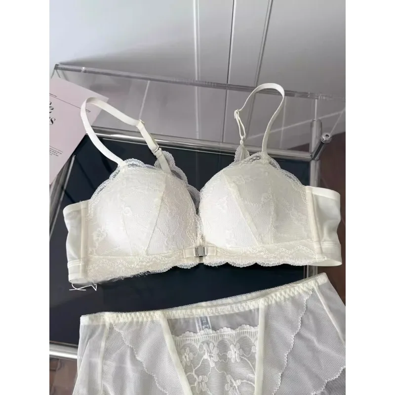 KUCLUT Front Fastening Push Up Bra Set XL French Lace Sexy Backless Lingerie Small Bust Boost Gather Side Support No Sagging