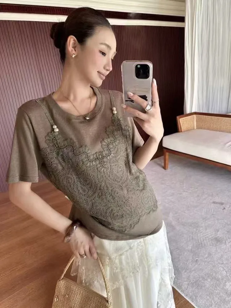 

Heavy Embellished Fake Two-Piece Lace Bamboo Cotton Women's Top Casual Loose Fit Short Sleeve round Neck Summer Fashion