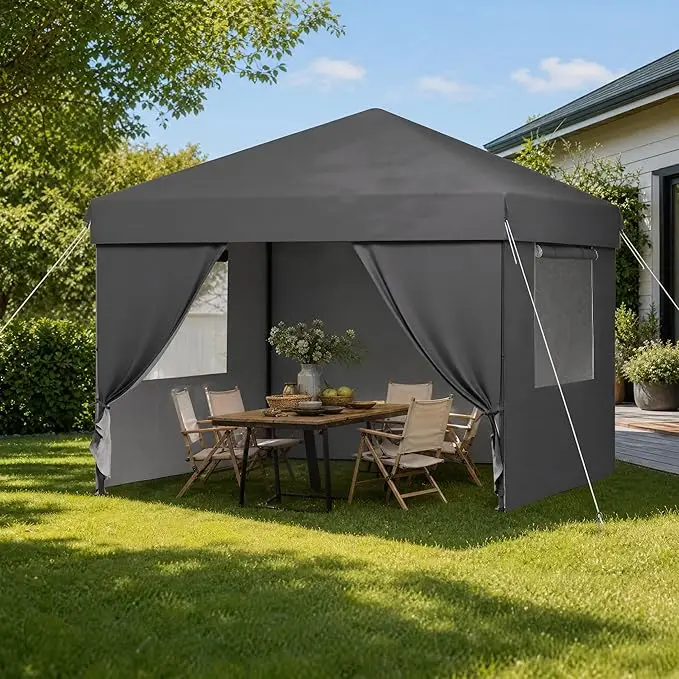 10'x10' Pop Up Canopy Tent with 4Pcs Sidewalls, Portable Instant Commercial Canopy with 4 Stakes, 4 Ropes, 4 Sandbags for Farmers' Market, Patio, Outdoor, Camping