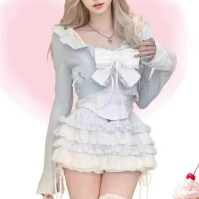 Sweet Lolita สไตล์ Ruffle หวาน 3 ชิ้นชุดผู้หญิง Slim เสื้อแขนยาว + ลูกไม้ Camis เสื้อกั๊ก + เอวสูง Ruched กระโปรงเค้ก