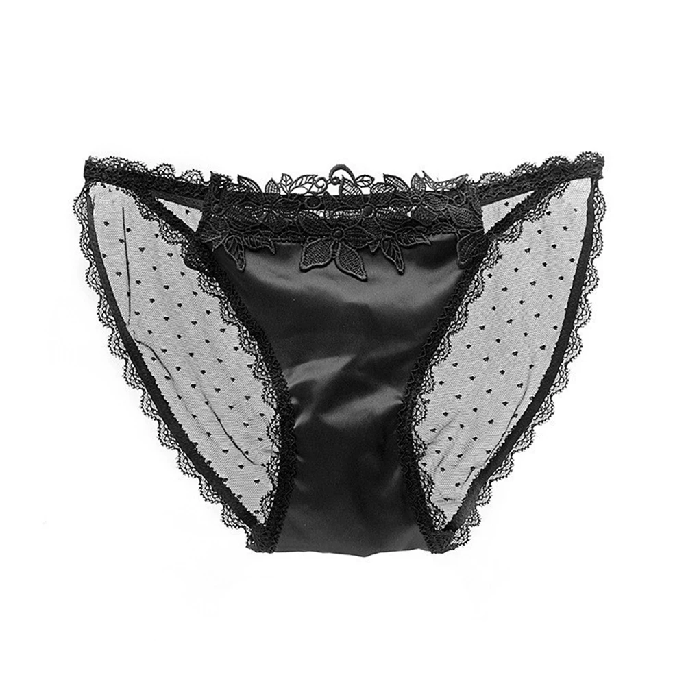 Women Satin Briefs Seamless Panties Smooth Silk-like Underwear Sexy Ladies Flower Underpants Back See Through Mesh Knickers