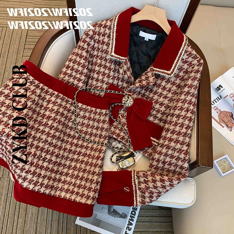 Women Christmas New Year Tweed Houndstoot Red Suit Blazer Jackert Coat Top Mini Skirt Two Piece Set Outfit Winter Warm Clothing