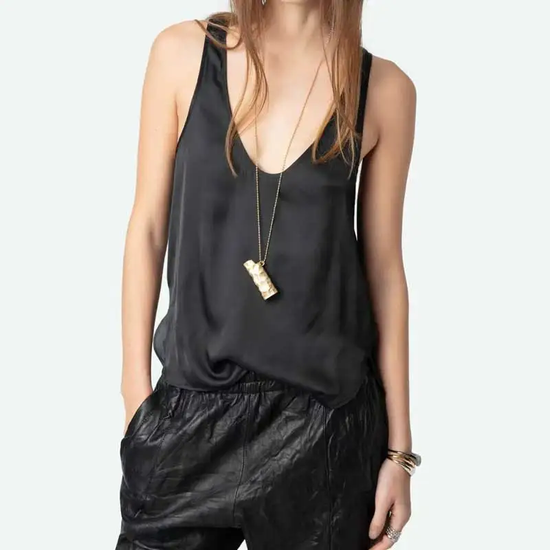 Camiseta sin mangas negra con cuello en V, tops informales de verano para mujer, nueva camiseta sin mangas informal de viscosa para mujer