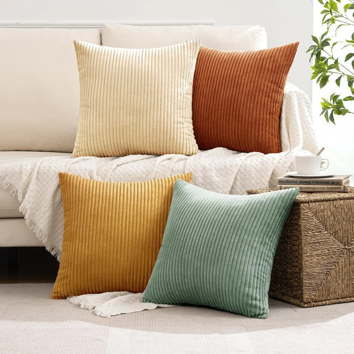 Bohemian Farmhouse Style Solid Color Corduroy Throw Pillow Cover Vertical Strip Textured Cushion Case Home Decor for Living Room