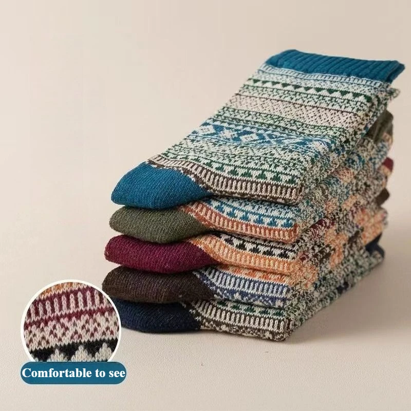 5 pares de calcetines de tubo medio a rayas retro, botas de nieve de moda, calcetines cálidos multifuncionales casuales para exteriores, otoño e invierno