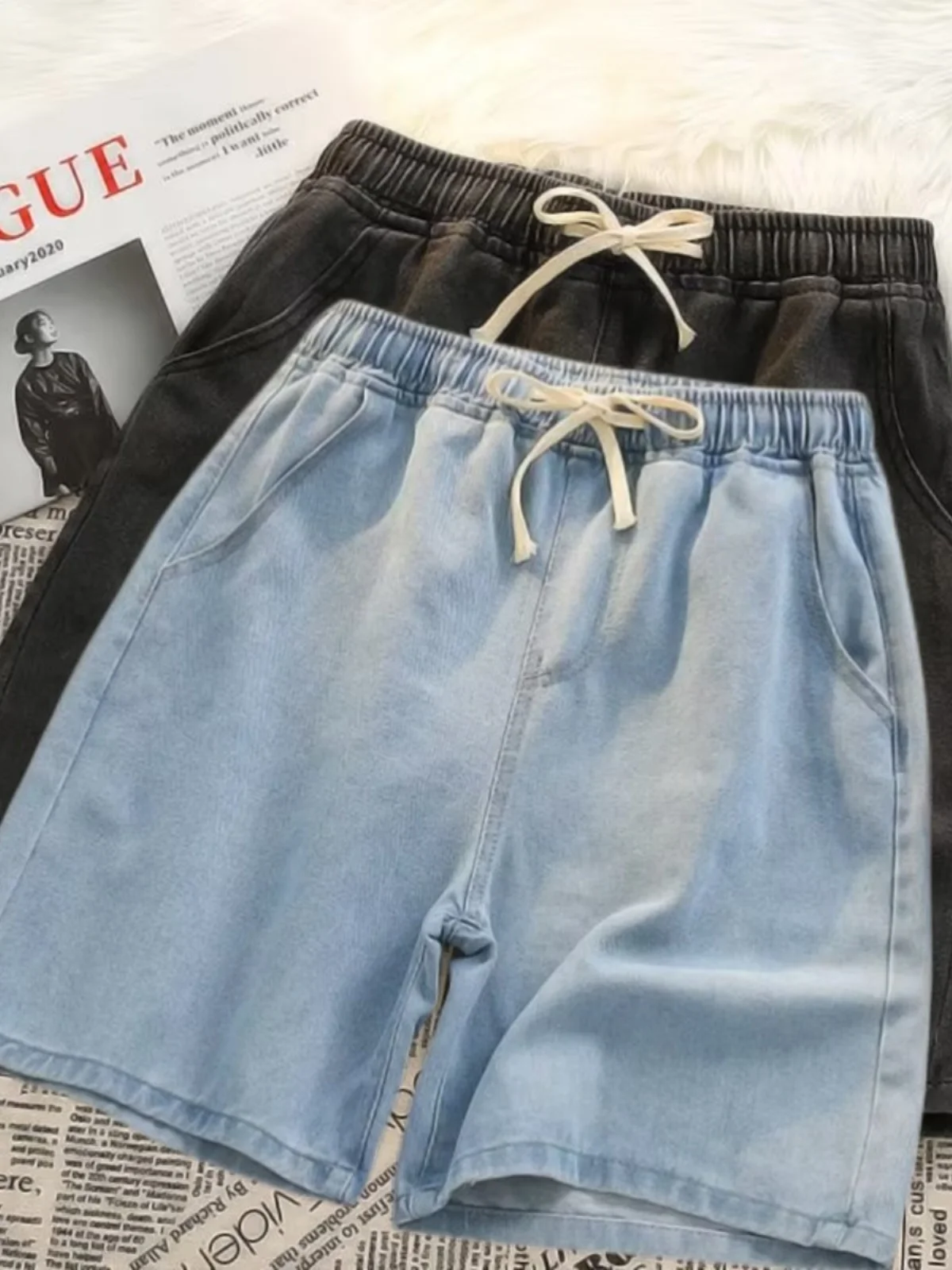 

Легкие джинсовые шорты для мужчин в винтажном стиле, свободного прямого кроя, пятидюймовые, в японском стиле, с эластичным поясом, для прохладной летней погоды