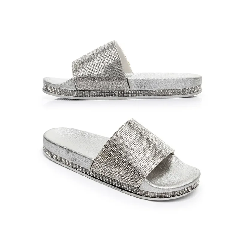 Rhinestone Lady Slippers New Fashion Women Flip Flops Slip-on Comfortable Beach Shoes Bling Diamond Flat Bottom Outdoor Slides