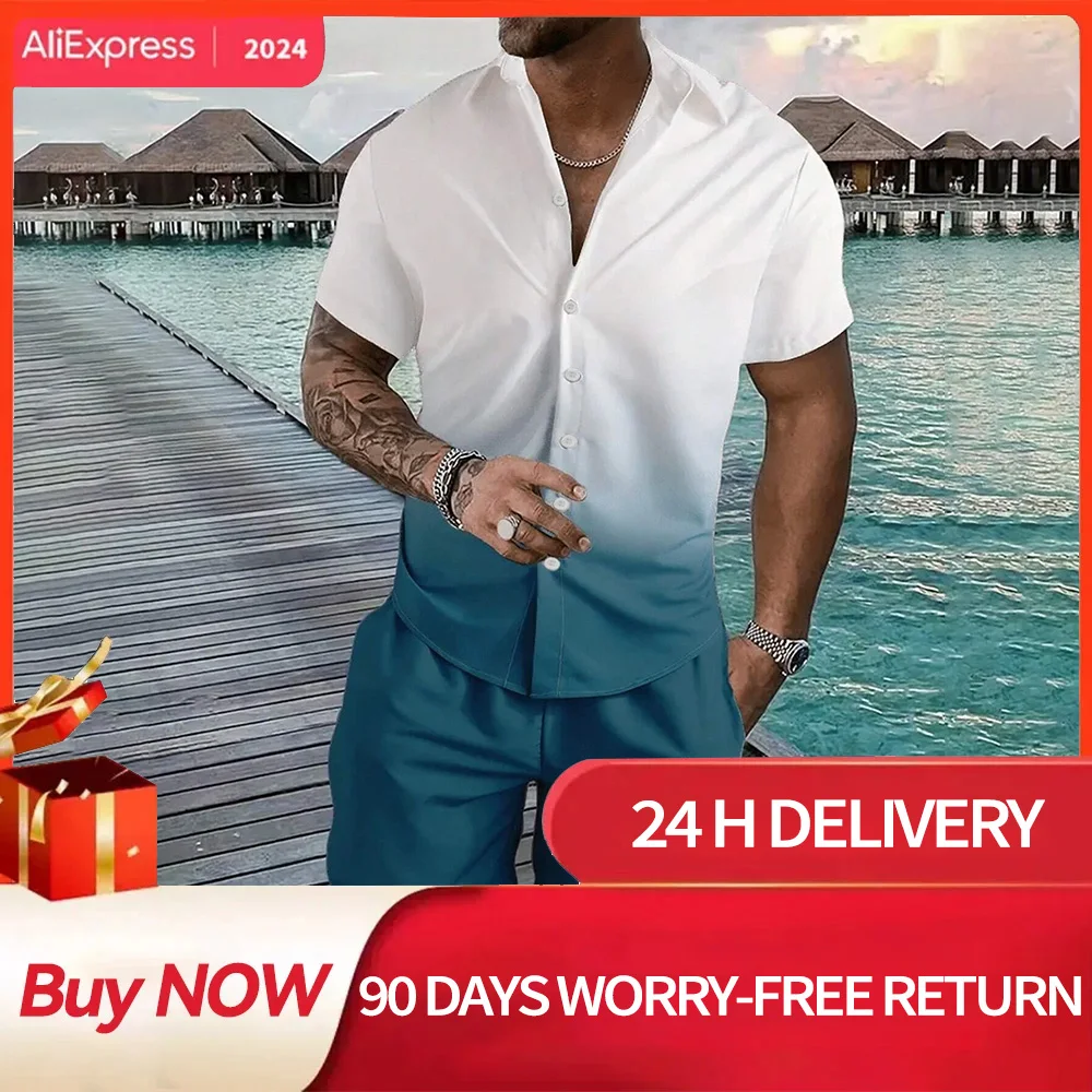 Men\'s Short Sleeved Shirt Set Gradient Summer Fashion Casual Beach Shorts With Drawstring Design Comfortable Men\'s Clothing