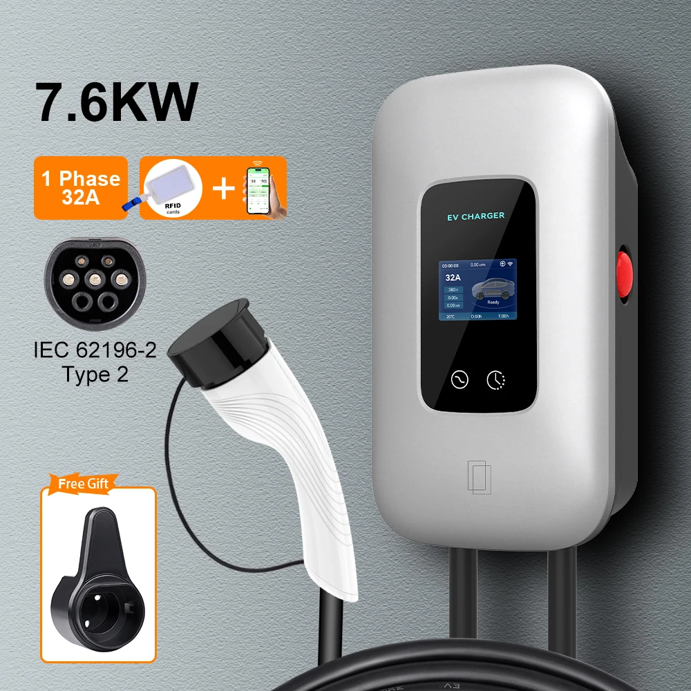 EV Charger Station 32A 7.6KW 22KW Type2 Electric Car Charger 11KW 16A EVSE Charging Wallbox Wallmount Cable IEC62196 APP Control