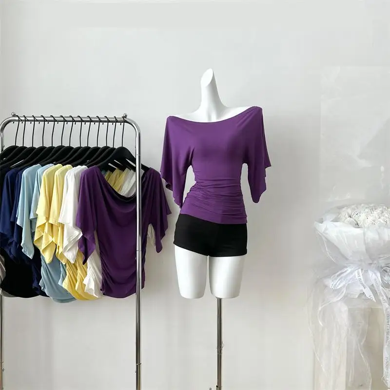 Women's Summer High Stretch Slash Neck Flare Sleeve Slim T Shirt Lady Sexy Pleated Slim Solid Color Pullover Tee Top