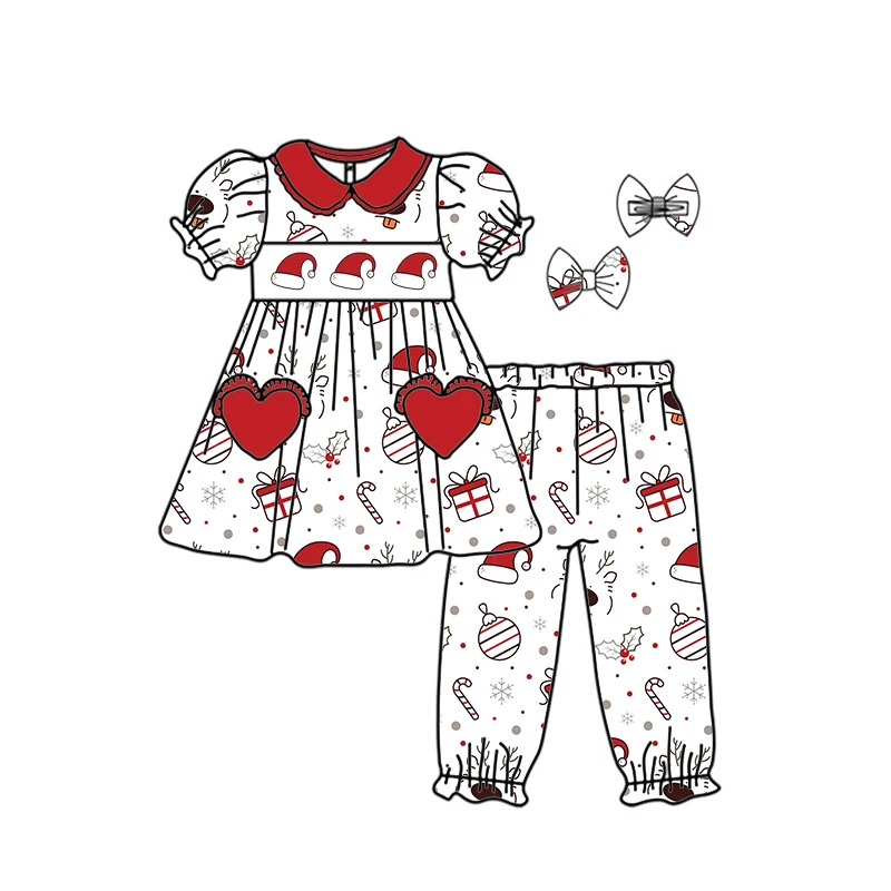 بدلة أطفال بوتيك لعيد الميلاد بأكمام قصيرة وبنطلون مطبوع عليه شجرة الحلوى للفتيات والأولاد طقم بيجامة بأكمام طويلة