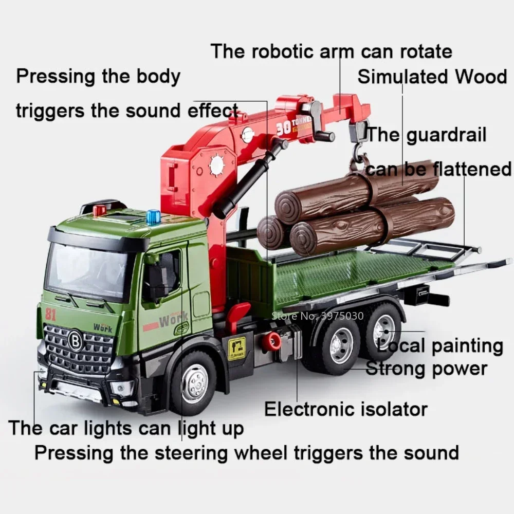 10.6 Inches Wood Transport Vehicle Model Toy Alloy Diecast Simulation Crane Vehicle with Sound Pull Back Decorative Gift for Kid