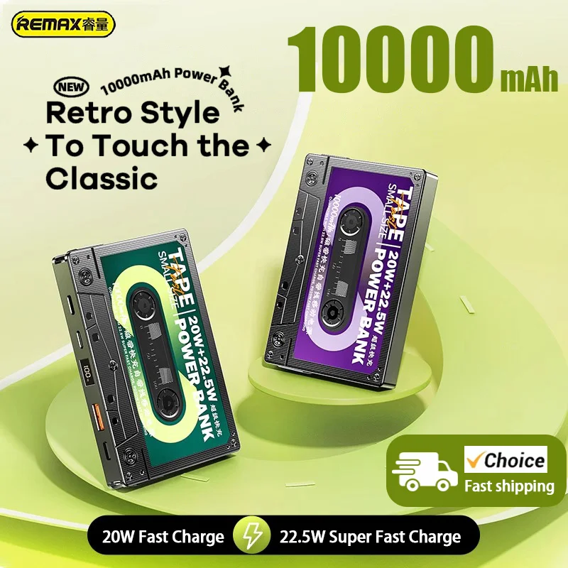 

Remax Tape 10000mAh Power Bank 20W Fast charging with built-in cable battery Digital display Retro for iPhone 13 Samsung Xiaomi