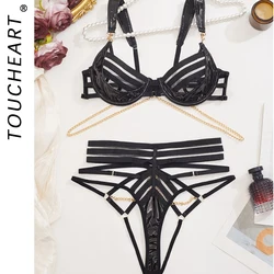 Toucheart 2 Piece Set Sexy Lingerie Metal Uniform Temptation Bra Thong Set For Women Sexy Hollow Out Straps Underwear Set New